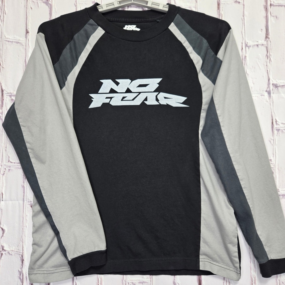 NO FEAR  Long Sleeve Shirt Black Grey Colorblock Heavyweight Boxy Mens Small